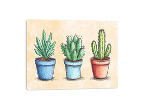 Three potted cactus illustration canvas art for cheerful kitchen or office decor.