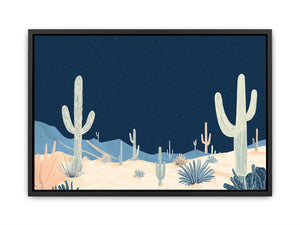 Night desert cactus canvas art with stars and saguaros for modern living room decor.