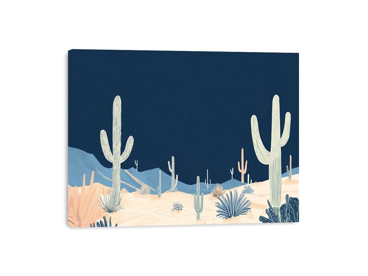 Night desert cactus canvas art with stars and saguaros for modern living room decor.