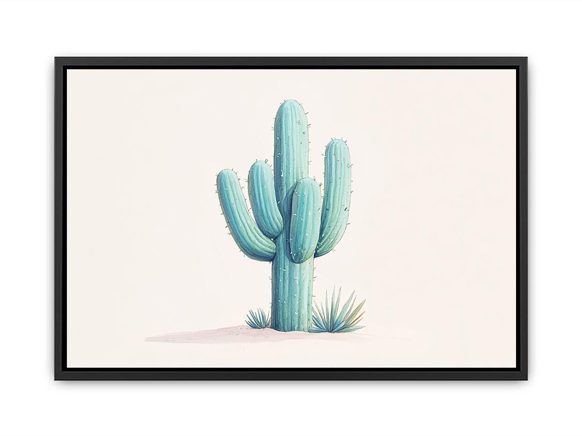 Minimal aqua cactus canvas print with soft desert plants for calm bedroom decor.