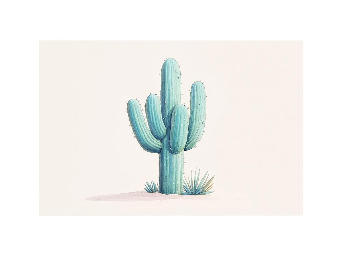 Minimal aqua cactus canvas print with soft desert plants for calm bedroom decor.