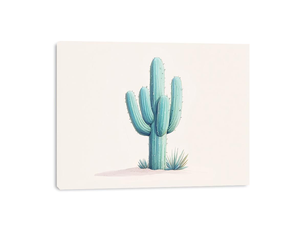 Minimal aqua cactus canvas print with soft desert plants for calm bedroom decor.