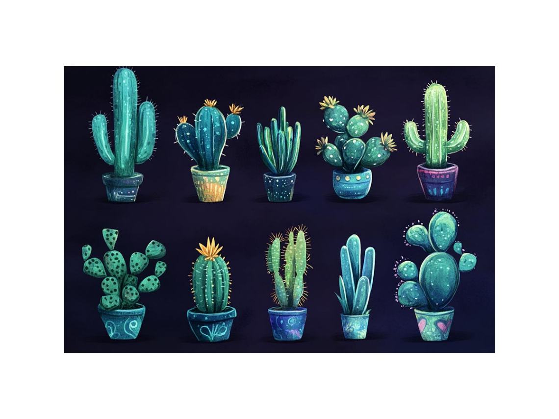 Moody potted cactus canvas art collection for eclectic living room decor.