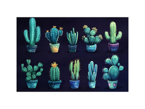 Moody potted cactus canvas art collection for eclectic living room decor.