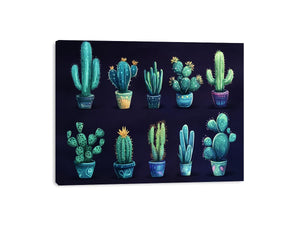 Moody potted cactus canvas art collection for eclectic living room decor.