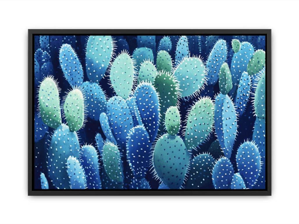 Blue prickly pear cactus canvas art with cool botanical texture for living room decor.