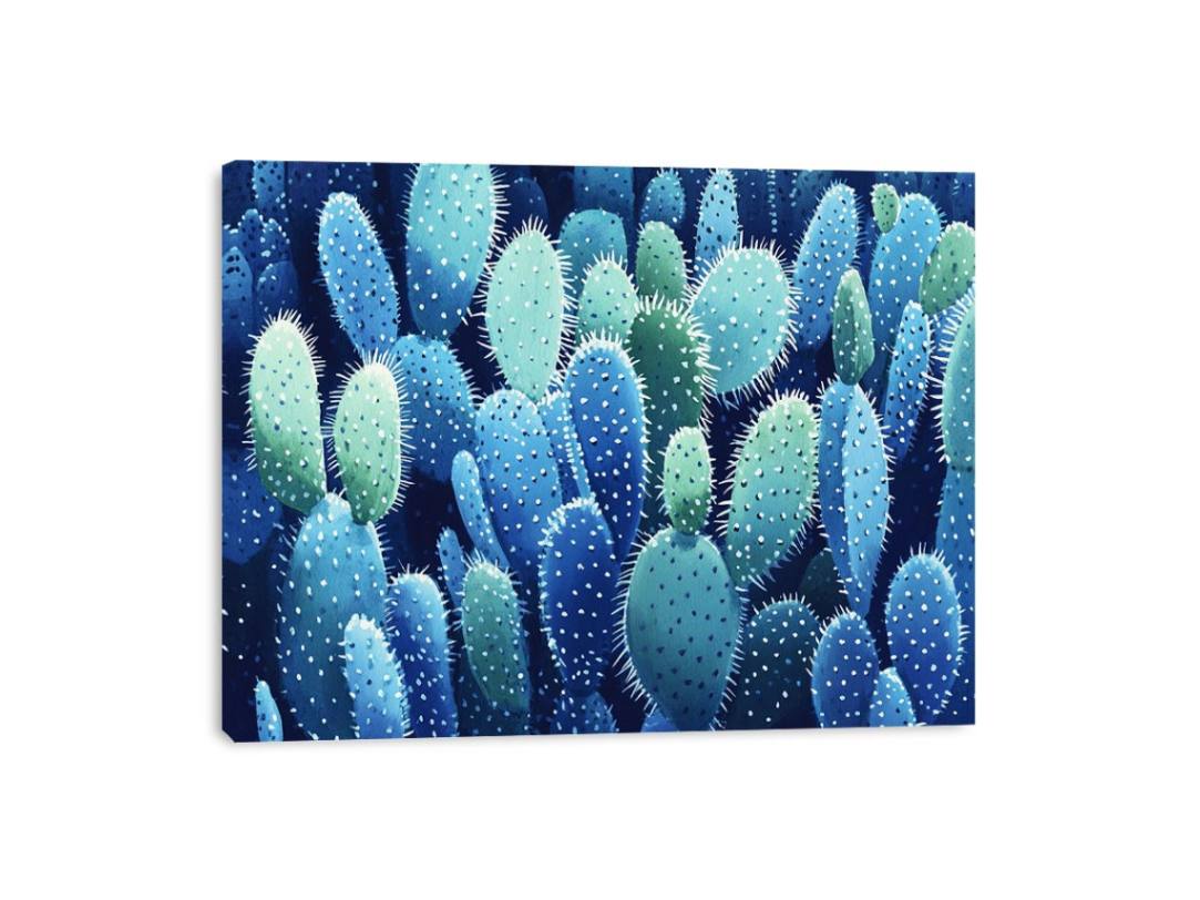 Blue prickly pear cactus canvas art with cool botanical texture for living room decor.