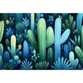 Moody blue green cactus garden canvas art for modern luxury bedroom decor.