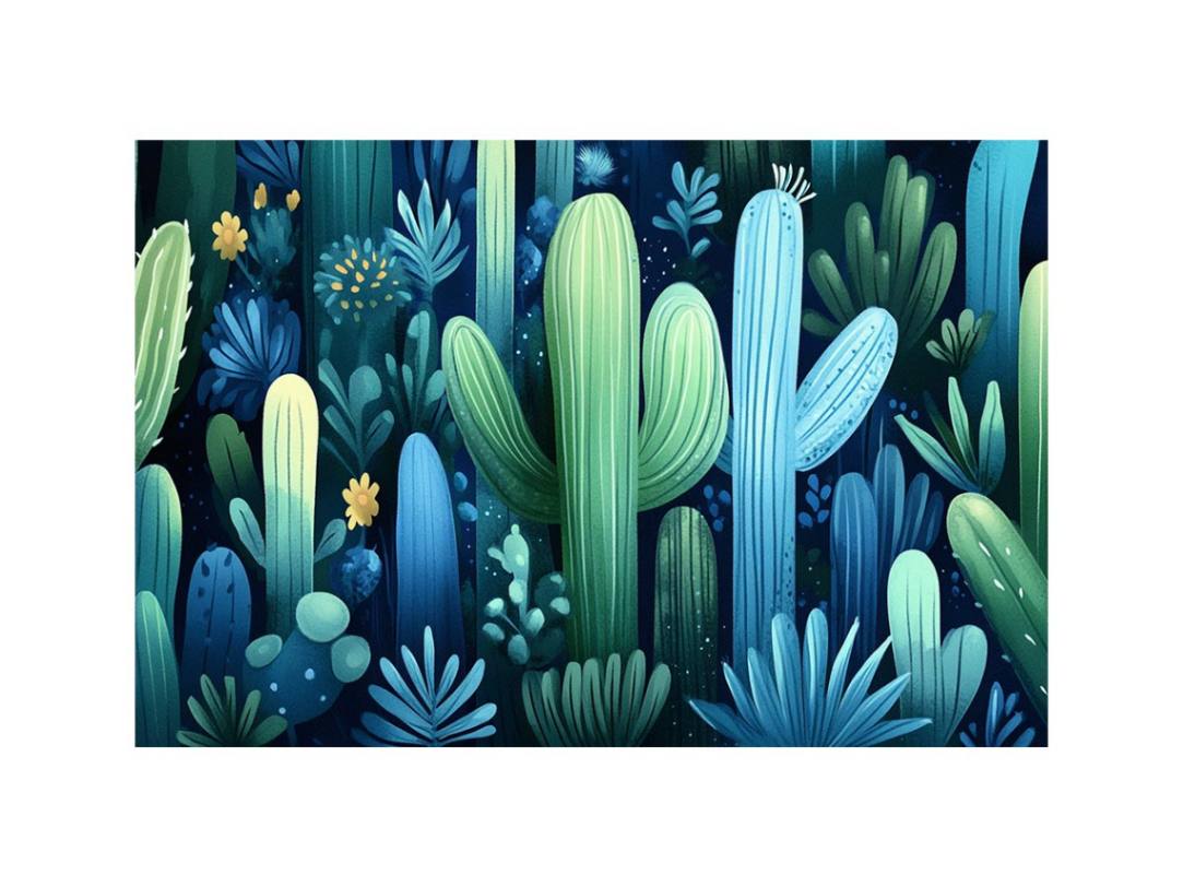 Moody blue green cactus garden canvas art for modern luxury bedroom decor.