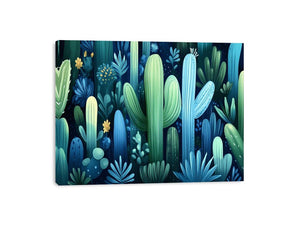Moody blue green cactus garden canvas art for modern luxury bedroom decor.