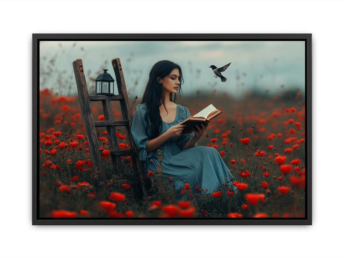 Woman reading in red poppy field canvas art with bird for romantic bedroom decor.
