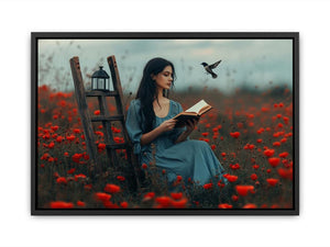 Woman reading in red poppy field canvas art with bird for romantic bedroom decor.