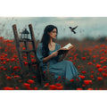 Woman reading in red poppy field canvas art with bird for romantic bedroom decor.