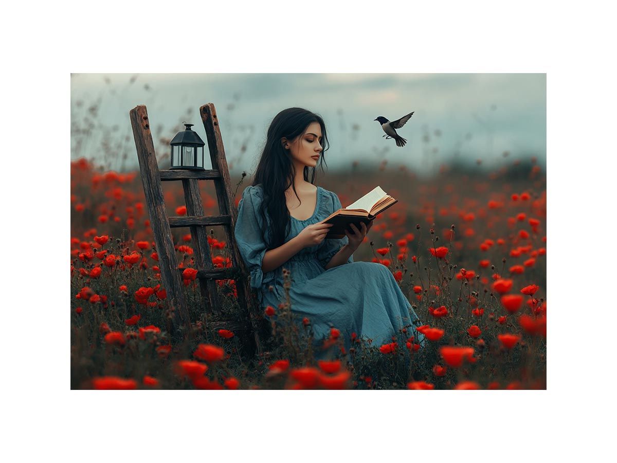 Woman reading in red poppy field canvas art with bird for romantic bedroom decor.