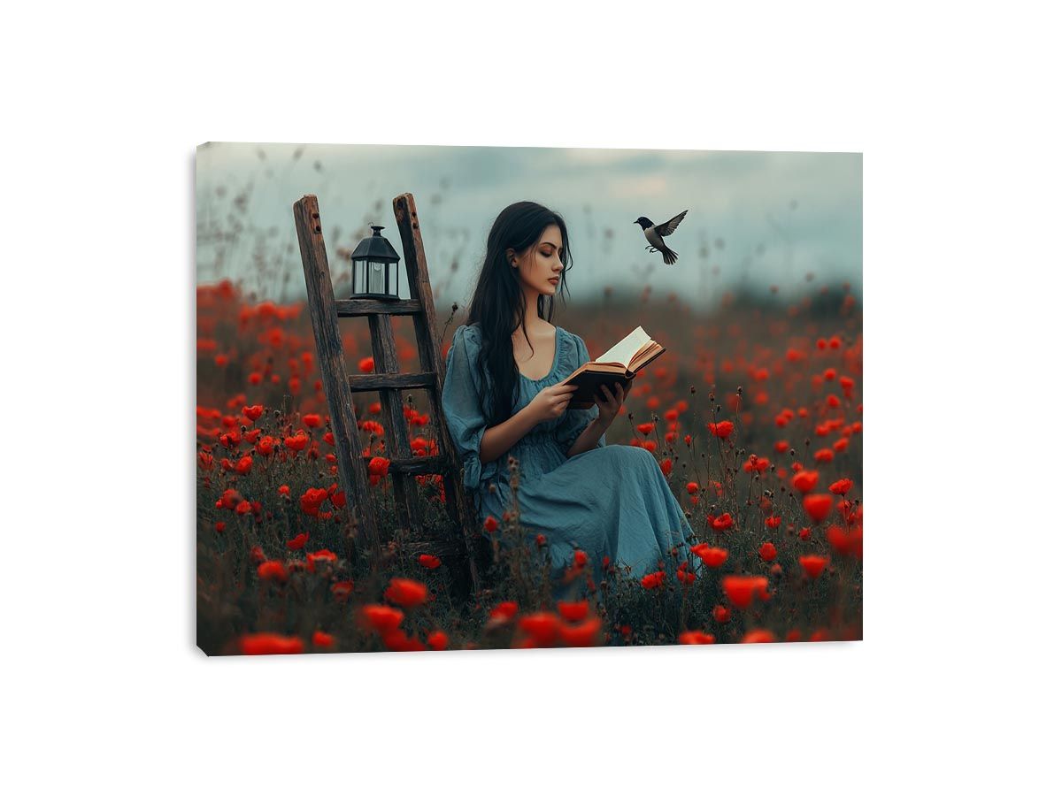 Woman reading in red poppy field canvas art with bird for romantic bedroom decor.