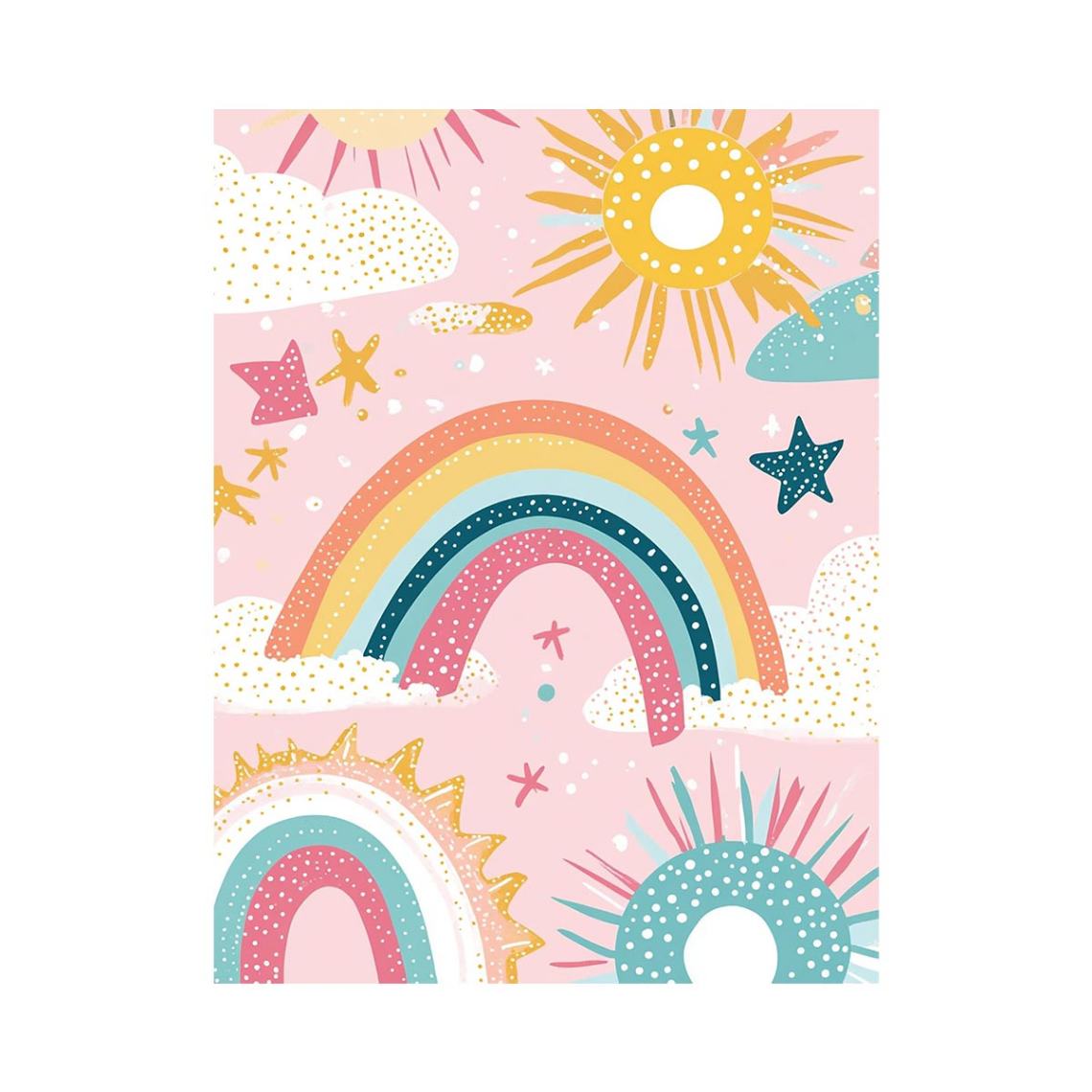 Pastel rainbow sun and stars canvas print for cute nursery wall decor.