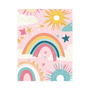 Pastel rainbow sun and stars canvas print for cute nursery wall decor.