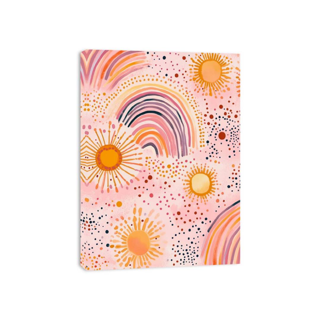 Boho rainbow sun pattern canvas art for cheerful kids bedroom wall decor.