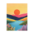 Colourful sunset lake landscape canvas art for bright modern living room decor.