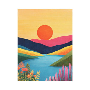 Colourful sunset lake landscape canvas art for bright modern living room decor.