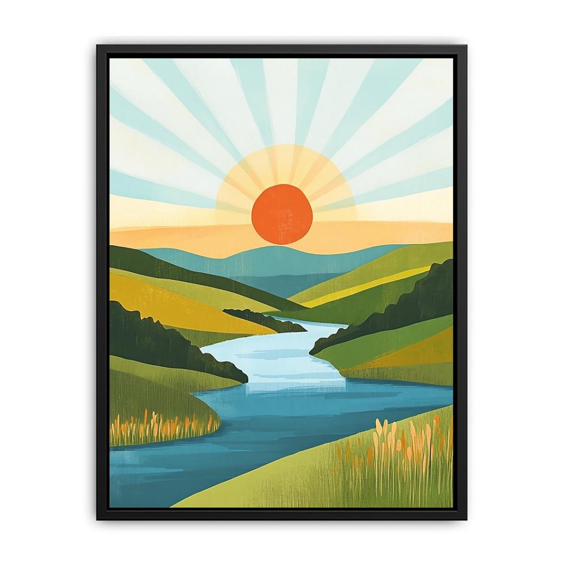 Modern sunrise river landscape canvas art for serene living room wall decor.