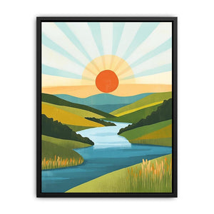 Modern sunrise river landscape canvas art for serene living room wall decor.