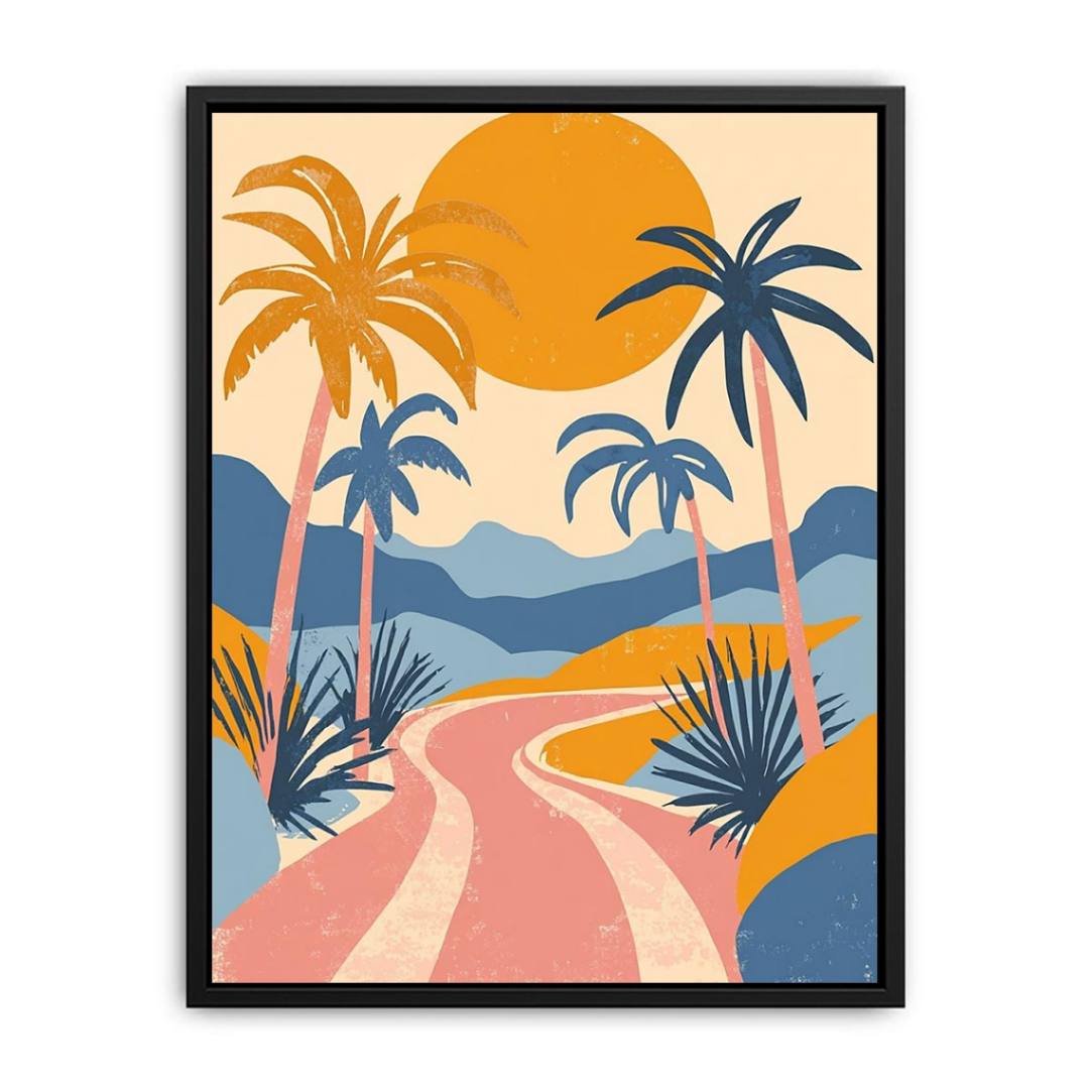 Retro tropical palm road canvas art for colourful modern living room decor.