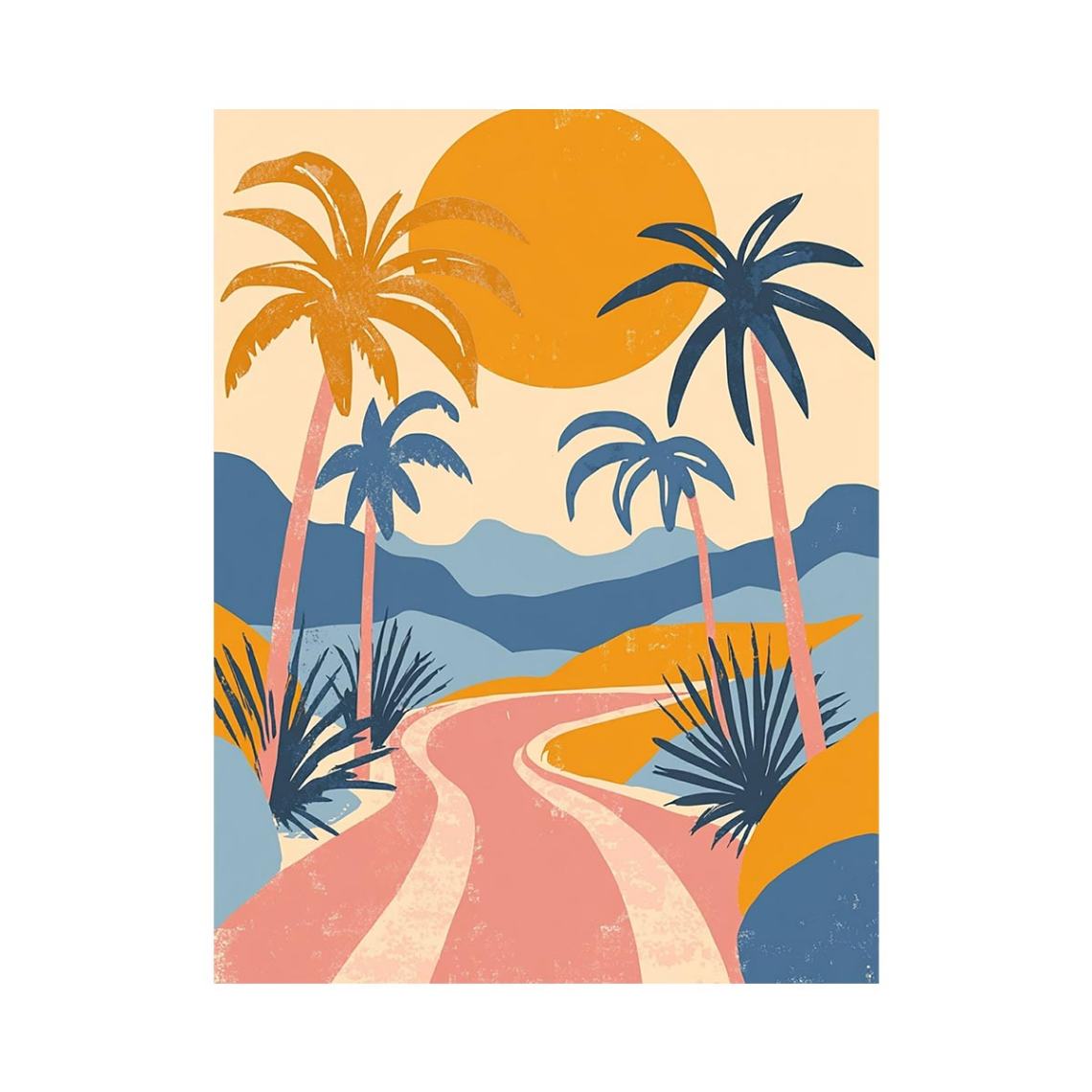 Retro tropical palm road canvas art for colourful modern living room decor.