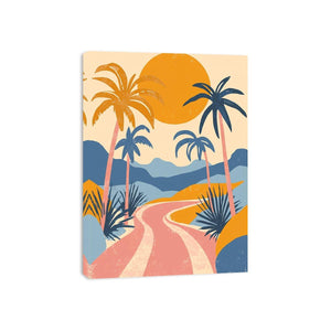 Retro tropical palm road canvas art for colourful modern living room decor.