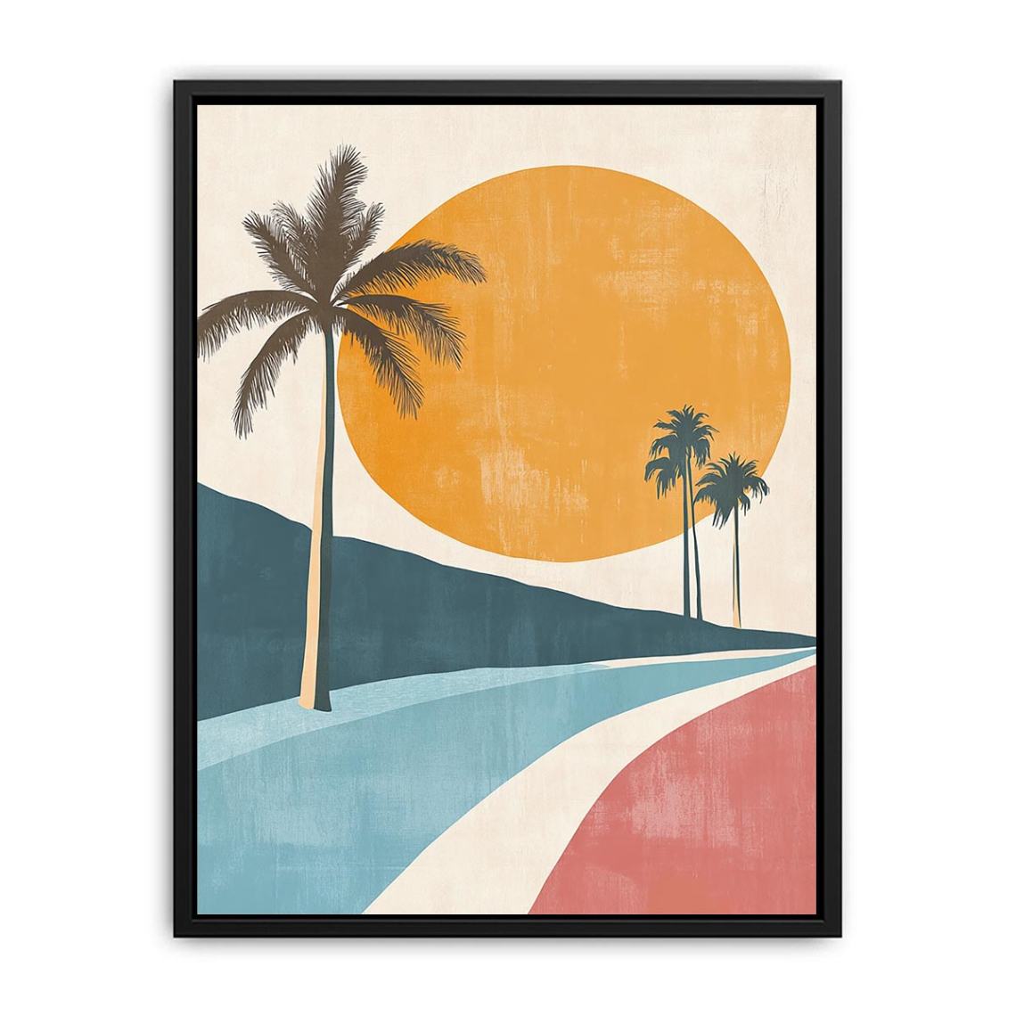 Minimal tropical palm sunset canvas art for warm coastal bedroom decor.