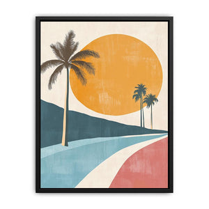 Minimal tropical palm sunset canvas art for warm coastal bedroom decor.