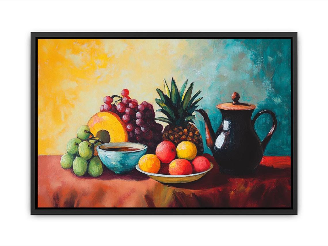 Colourful fruit and teapot still life canvas art for kitchen or dining room decor.