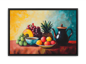 Colourful fruit and teapot still life canvas art for kitchen or dining room decor.
