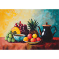 Colourful fruit and teapot still life canvas art for kitchen or dining room decor.