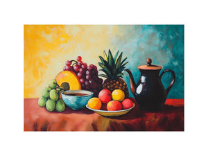 Colourful fruit and teapot still life canvas art for kitchen or dining room decor.