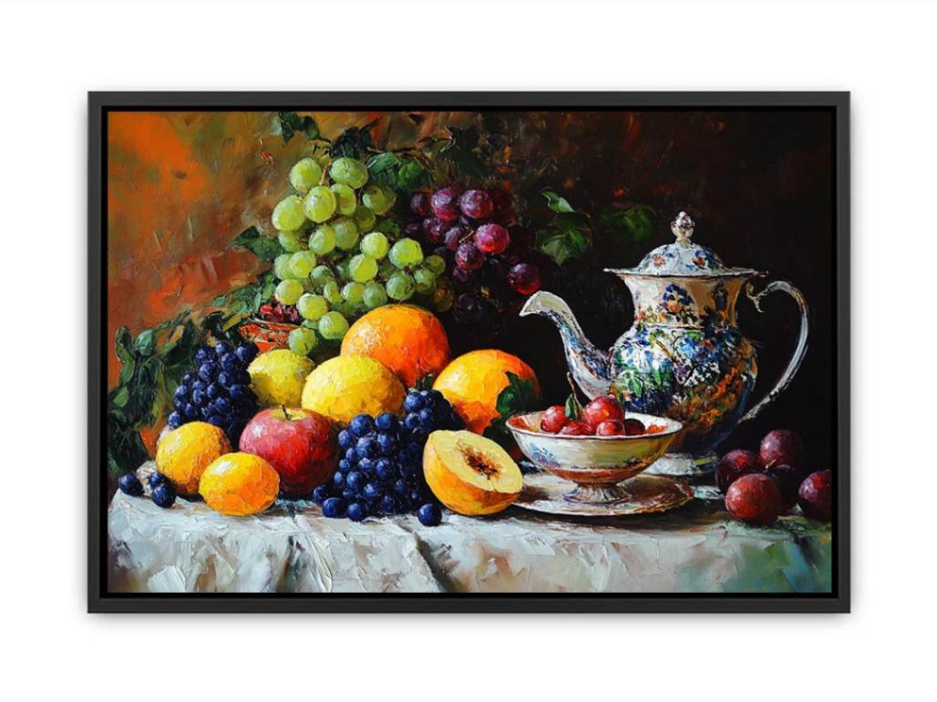 Classic fruit and teapot still life canvas art for elegant dining room decor.