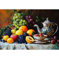 Classic fruit and teapot still life canvas art for elegant dining room decor.