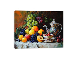 Classic fruit and teapot still life canvas art for elegant dining room decor.