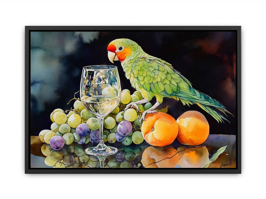 Parrot with grapes and wine glass canvas art for colourful dining room decor.