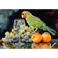 Parrot with grapes and wine glass canvas art for colourful dining room decor.