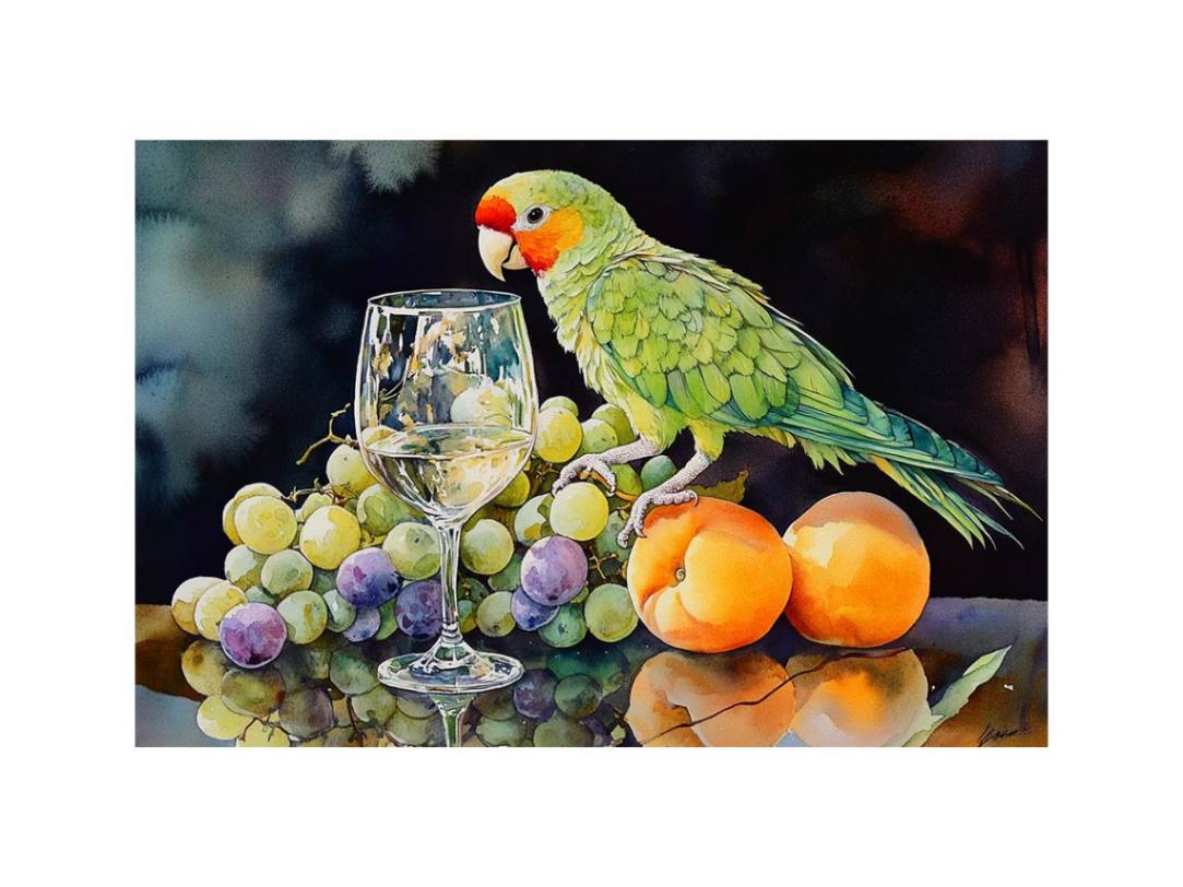 Parrot with grapes and wine glass canvas art for colourful dining room decor.