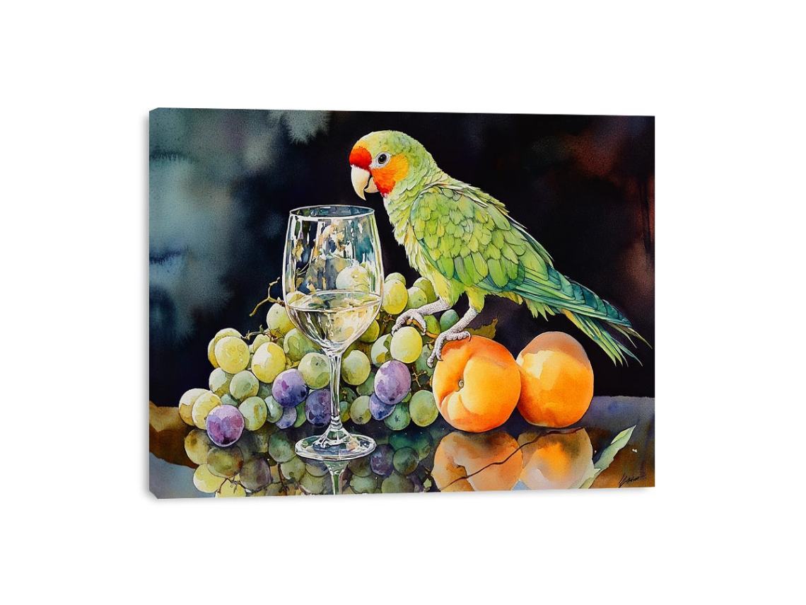 Parrot with grapes and wine glass canvas art for colourful dining room decor.