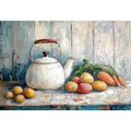 Rustic kettle and vegetable still life canvas art for farmhouse kitchen decor.