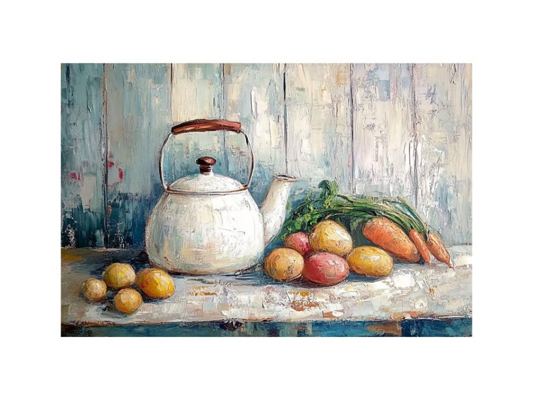 Rustic kettle and vegetable still life canvas art for farmhouse kitchen decor.
