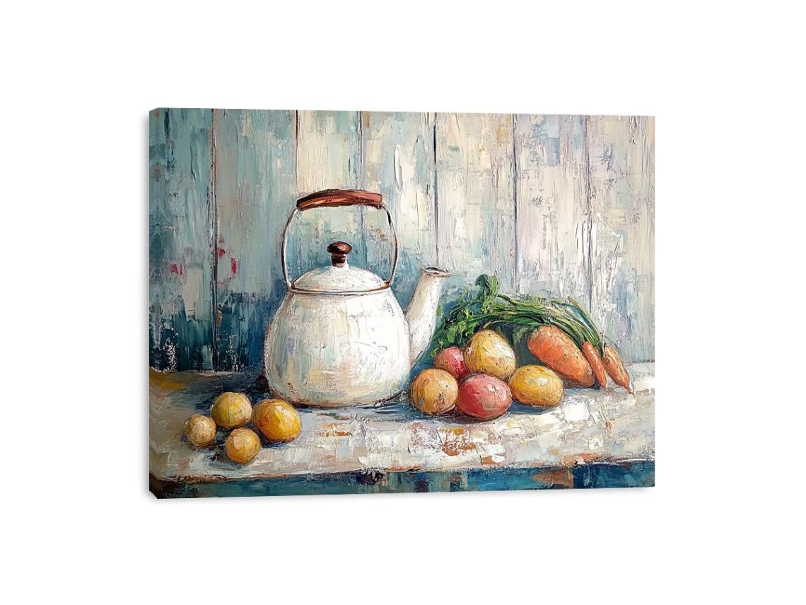 Rustic kettle and vegetable still life canvas art for farmhouse kitchen decor.