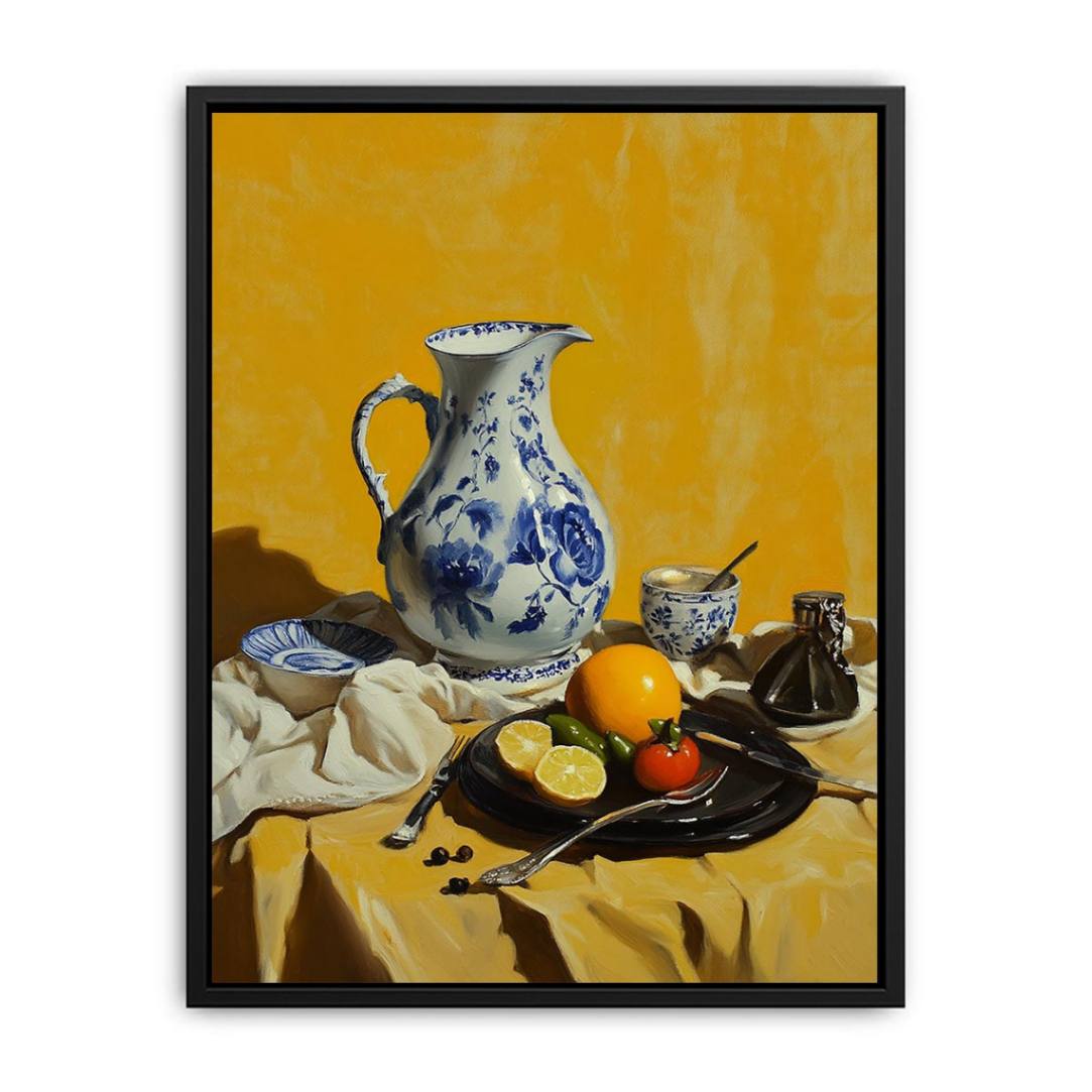 Blue and white pitcher still life canvas art for elegant kitchen wall decor.