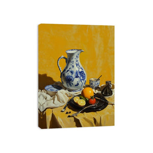 Blue and white pitcher still life canvas art for elegant kitchen wall decor.