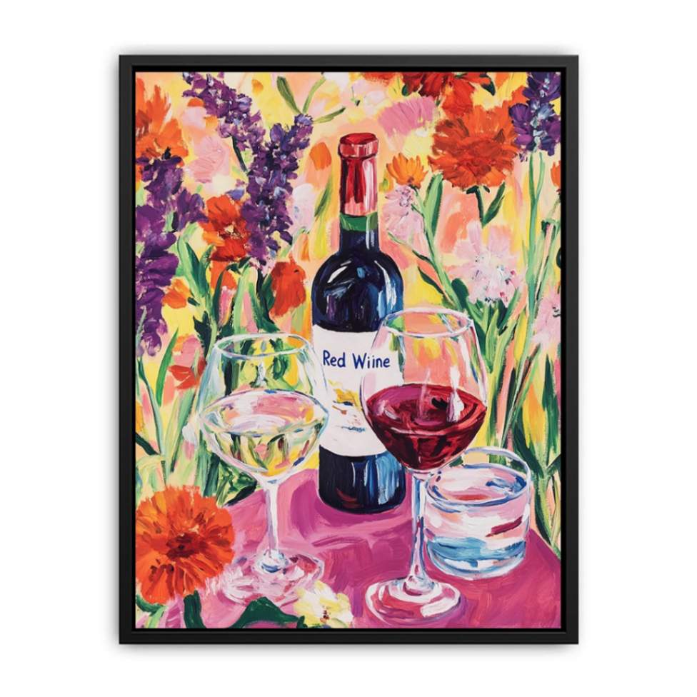 Colourful wine bottle and floral still life canvas art for dining room decor.