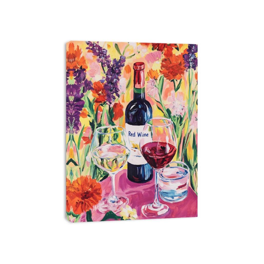 Colourful wine bottle and floral still life canvas art for dining room decor.