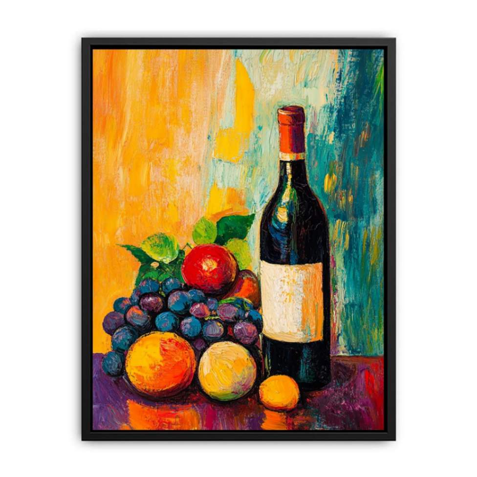 Bold wine bottle and fruit still life canvas art for modern dining room decor.